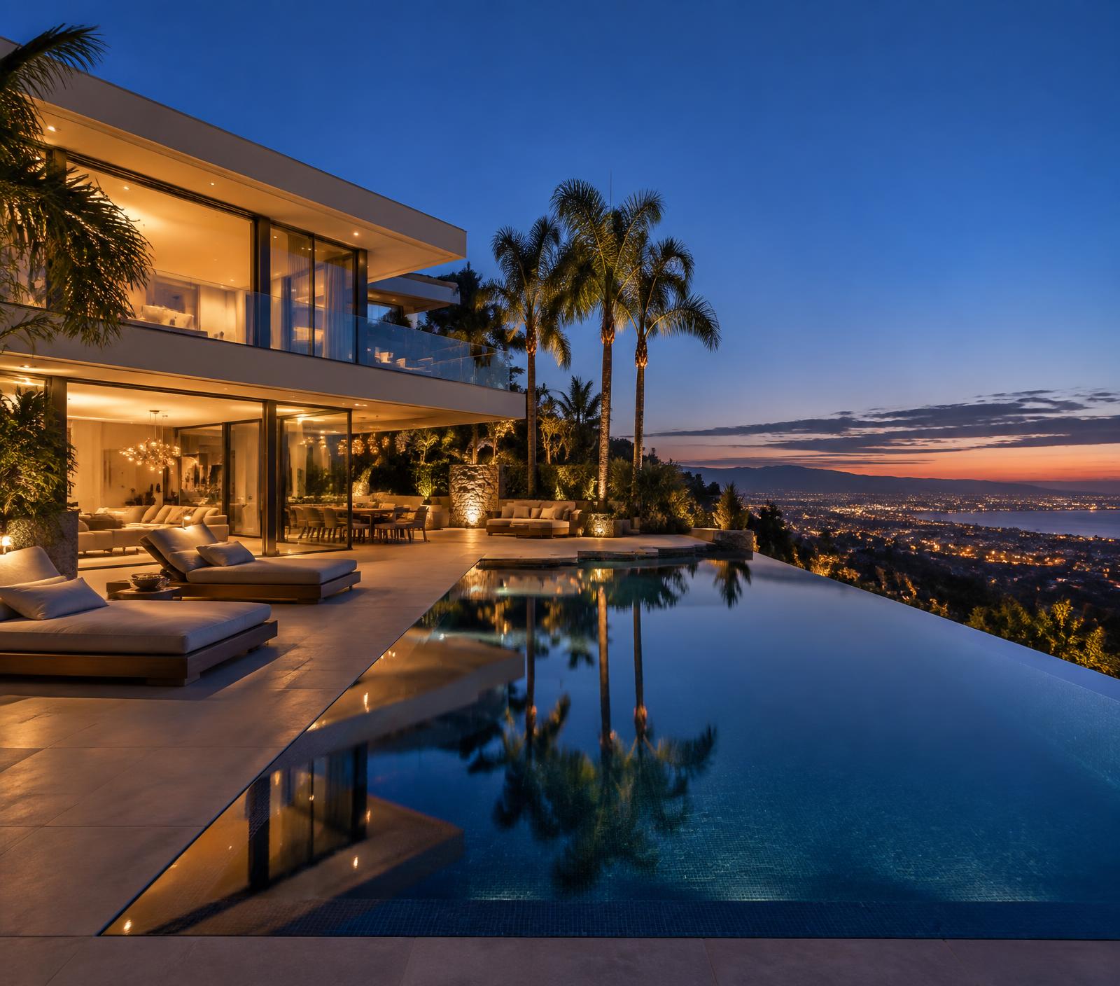 Villa moderna de luxo com piscina ao entardecer